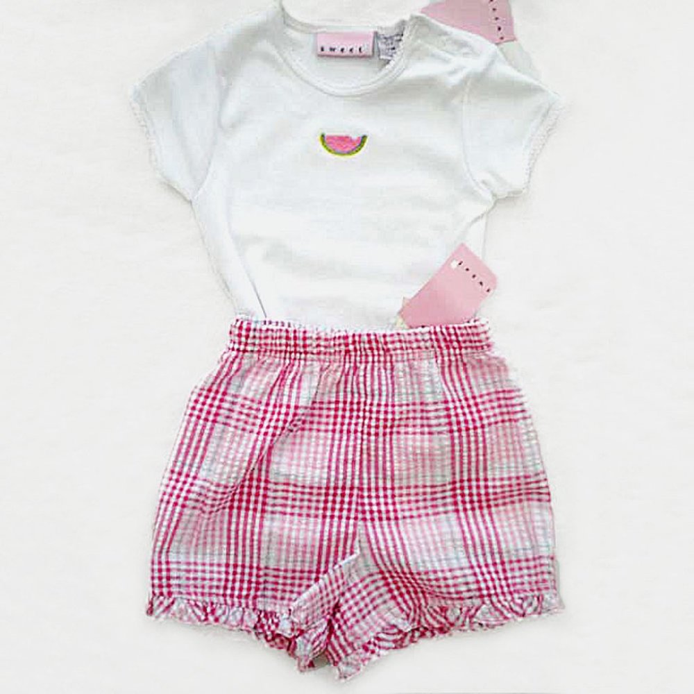 Girls NWT SZ 12M Watermelon and Hot Pink Plaid 2pc Playset Top and Shorts
